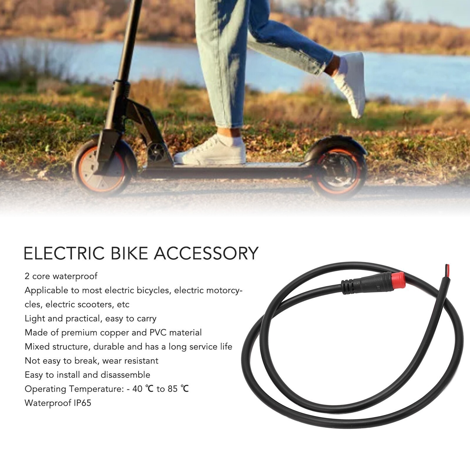 2 Core Electric Bike Male Extension Cable 200V AC Electric Bike Accessory