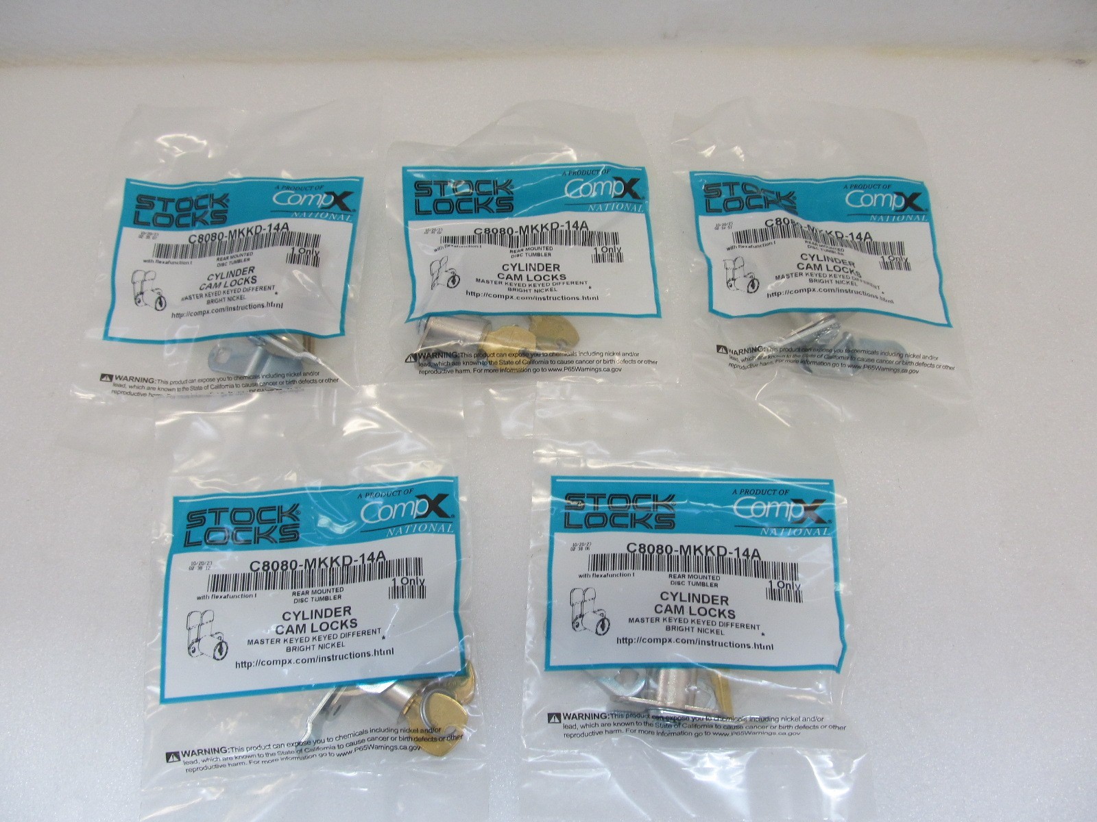 QTY=5 CompX Stock Locks C8080-MKKD-14A Cam Lock, Bright Nickel NEW