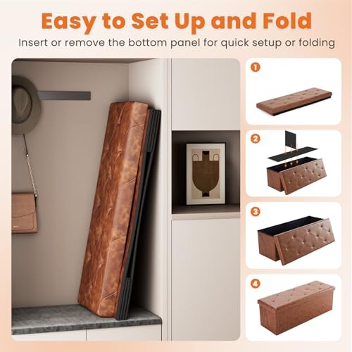 43 Inches Folding Ottoman with Storage Bench, 15.2"D x 43"W x 15.2"H Brown