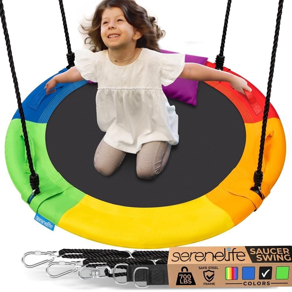 SereneLife 40" Saucer Swing w/ Hang Kit, Handles & Pillow Indoor/Outdoor-Rainbow