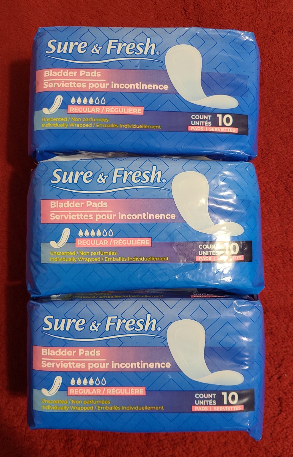 SET OF 3 Sure & Fresh Bladder Pads Regular Unscented 10CT FREE SHIPPING!!!