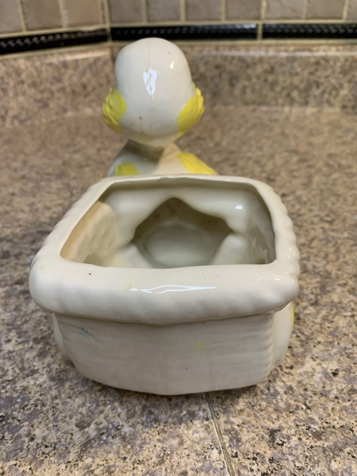 Vtg MCM Glazed Ceramic Duck Pulling Cart Planter - READ