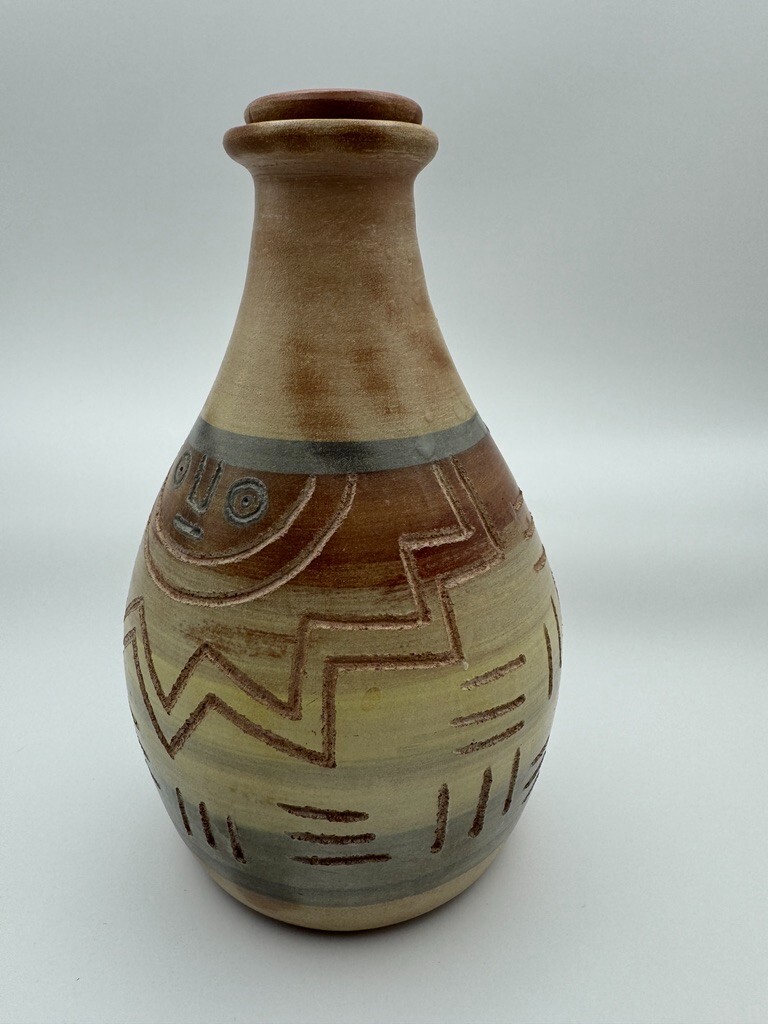 Vintage earthenware Aztec style jar and lid from Peru by renowned pottery studio
