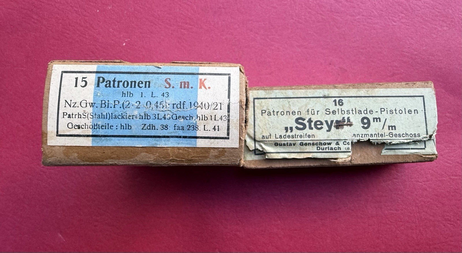 Original WW1 WW2 German Cardboard ammo Boxes K98 8MM & 9mm Steyr-Hahn