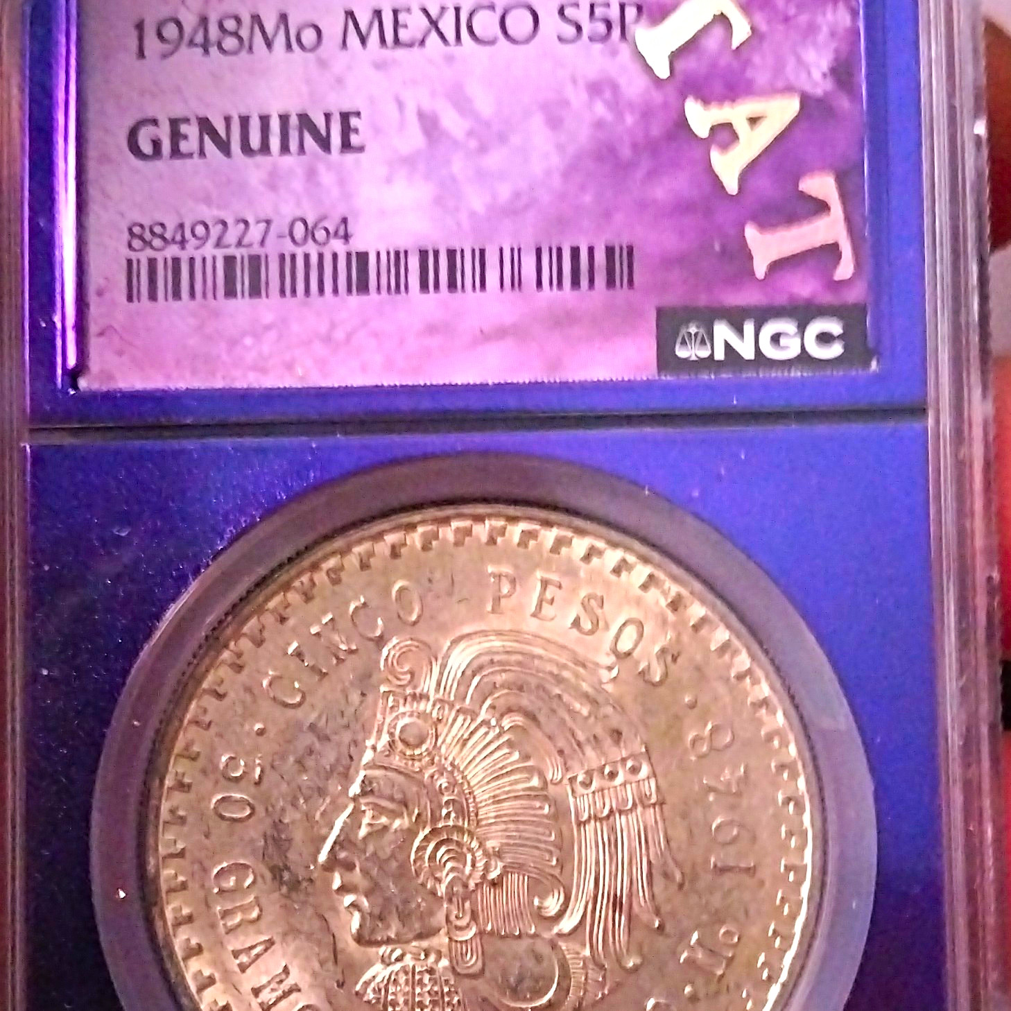 Mexico 1948 Mo 5 Pesos Cuauhtemoc Silver NGC Genuine Traderbea TAT
