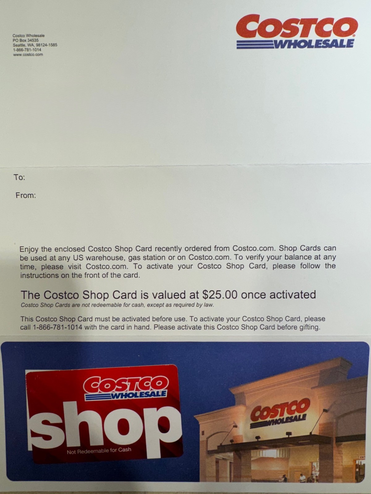 $25 Costco Cash Card- No Membership required, No Expiration Date, Free Shipping