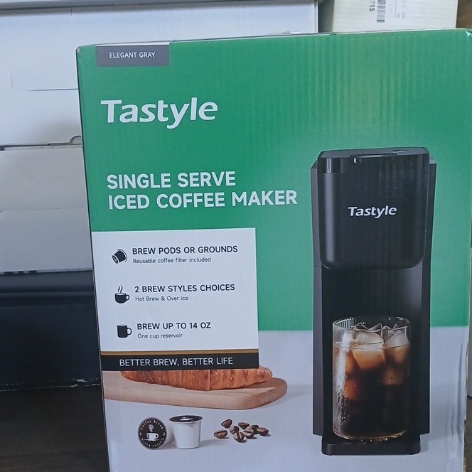 Tastyle Single Serve Iced Coffee Maker Black, Brew Pods or Grounds, 14 oz