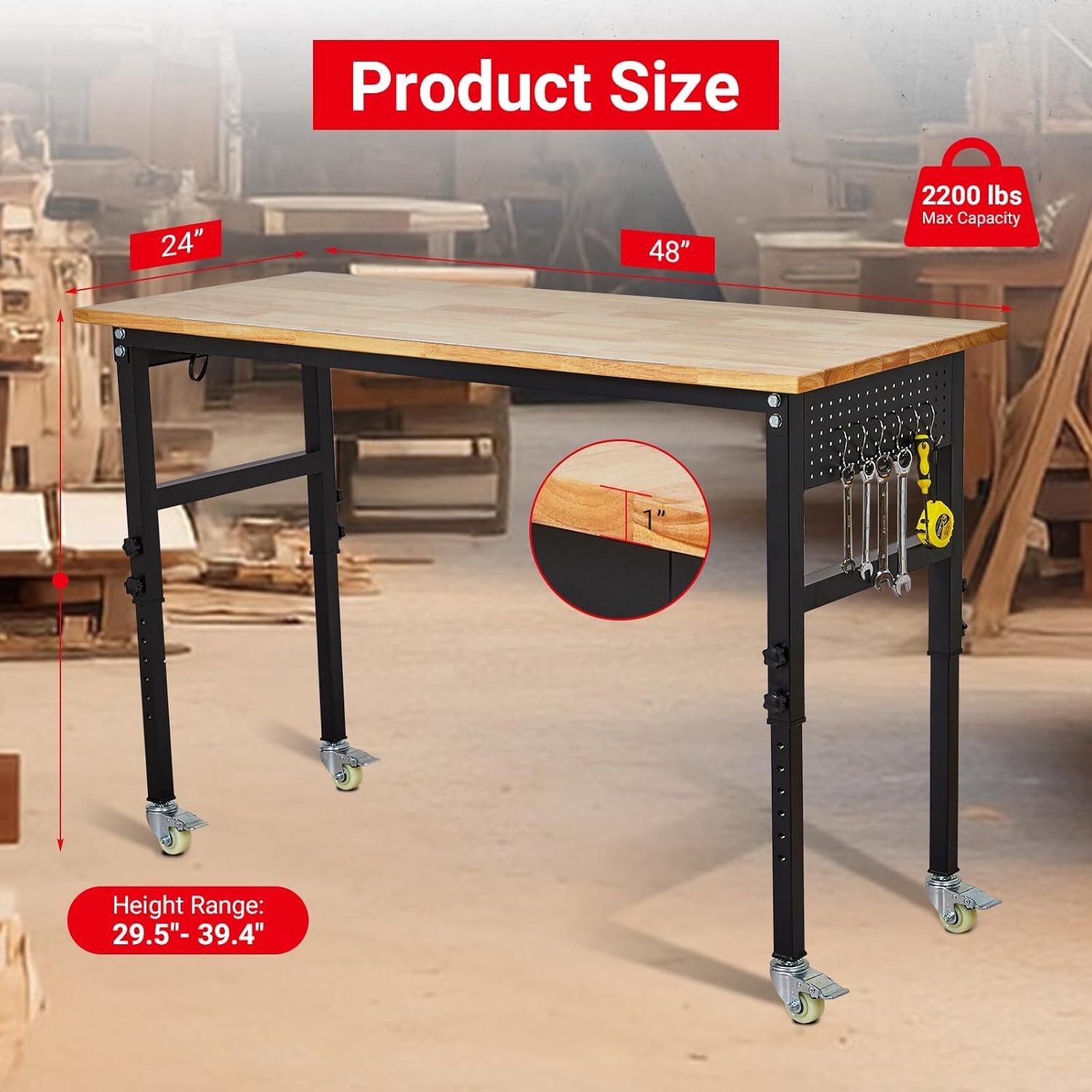 48" x 24" Adjustable Workbench with Power Outlet Scale Pegboard 6 Hooks 2200LBS