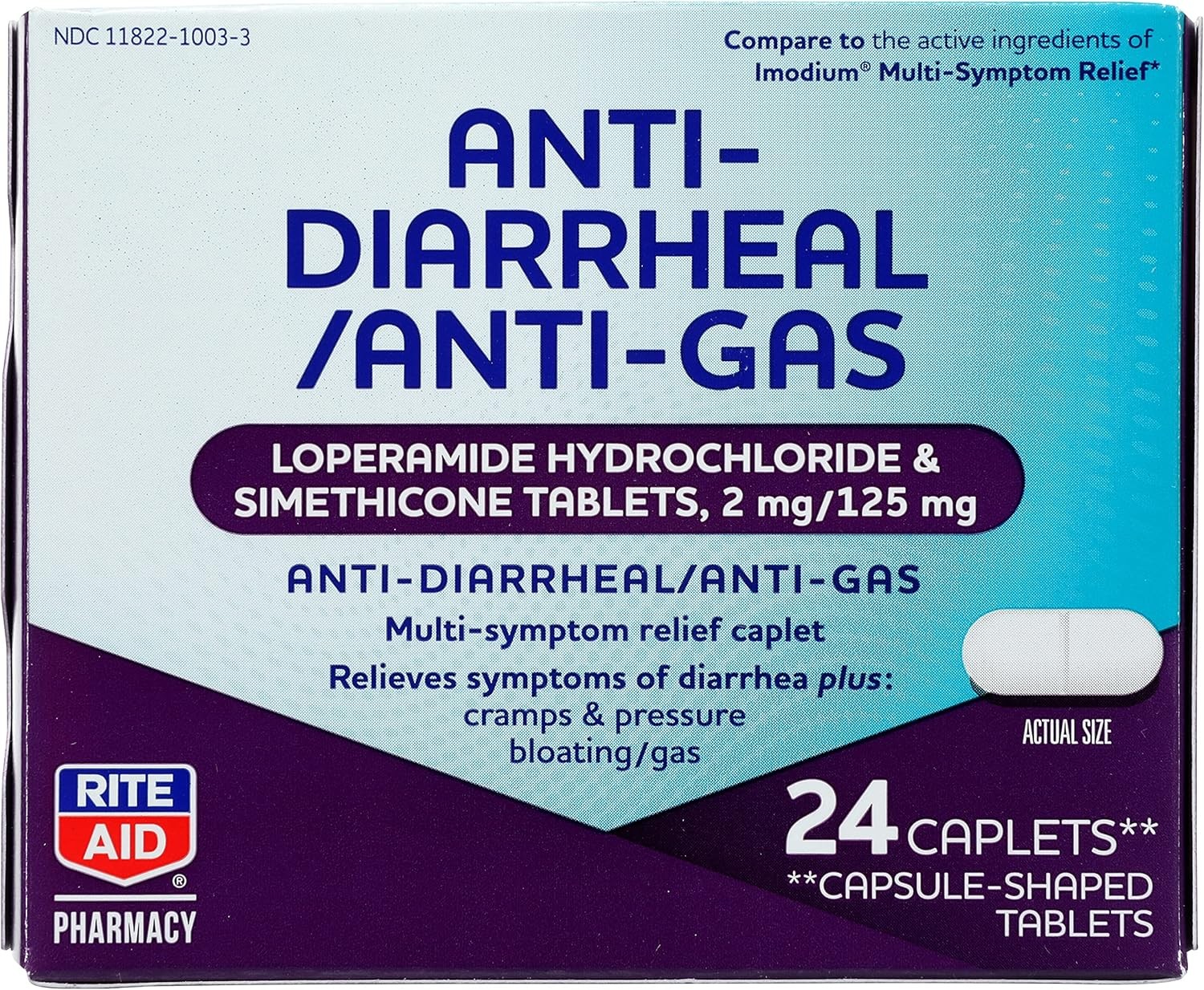 Rite Aid Anti-Diarrheal + Anti-Gas Caplets (Loperamide/Simethicone) 24 CT