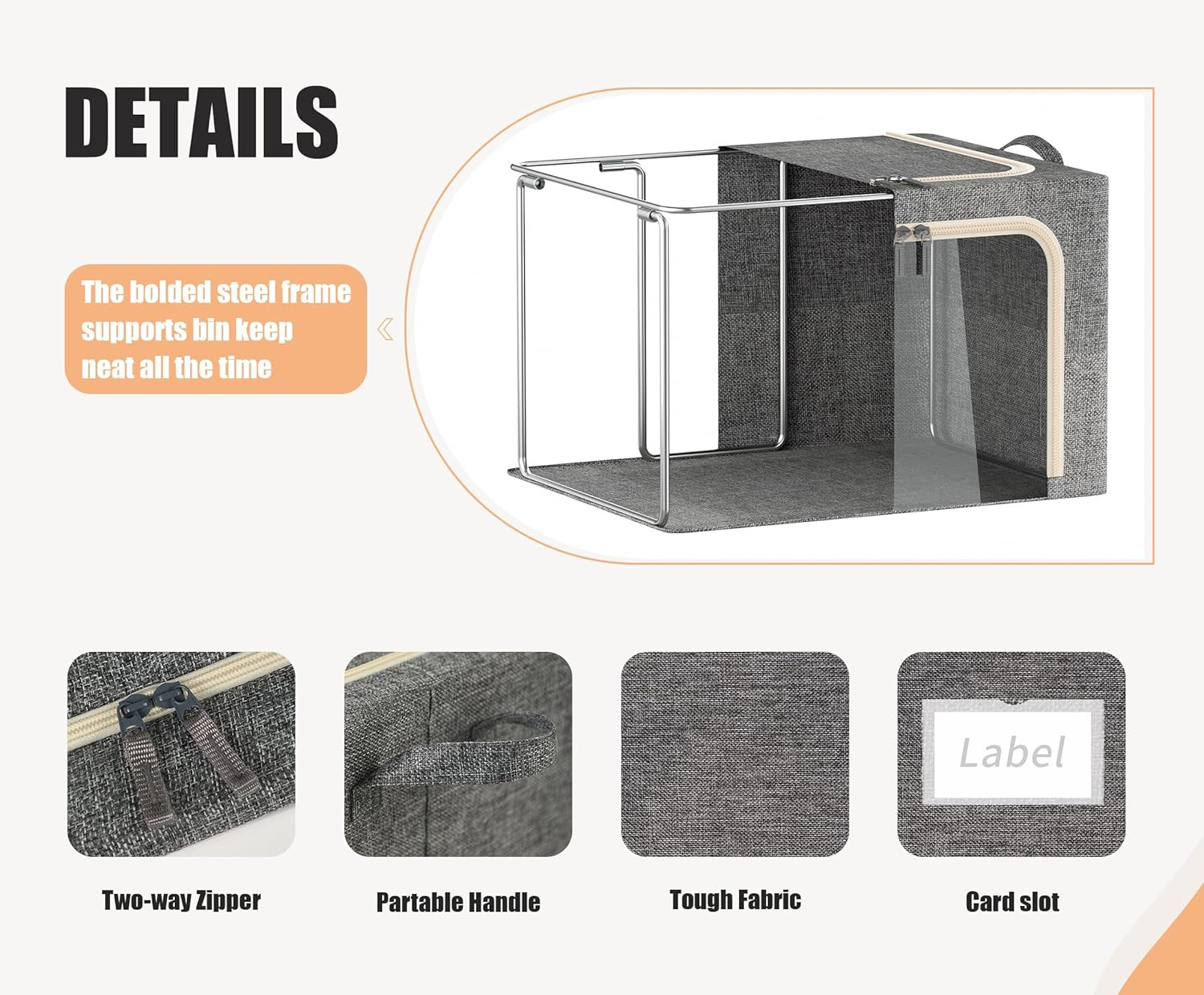 3 Openings Clothes Storage Bins with Metal Frame, Foldable Storage Bin for Cloth