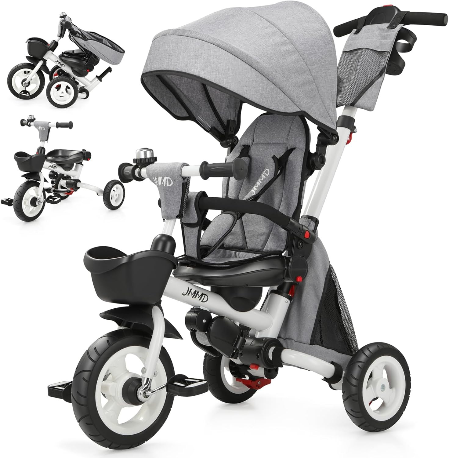 JMMD 8 in 1 Tricycle Stroller with Push Handle, Foldable Trike with 360° Swivel