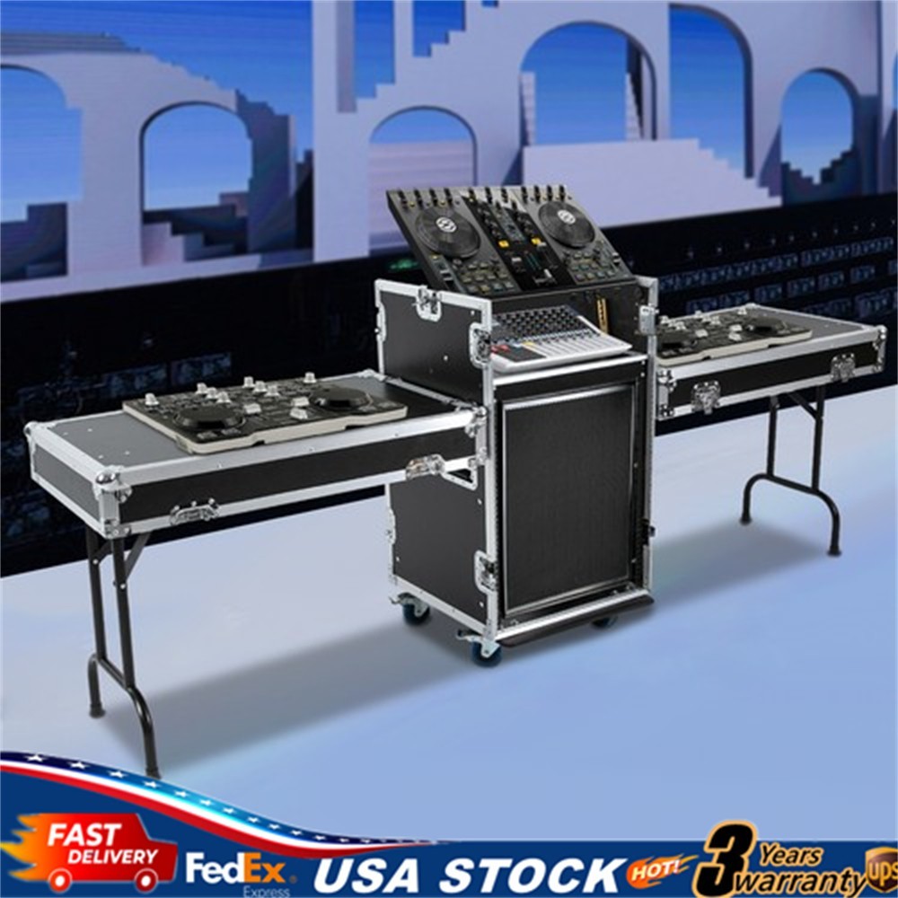 14U PA DJ Rack/Road DJ Cabinet W/ 2 Table Tops Network & Stereo Rack, 4 Wheels