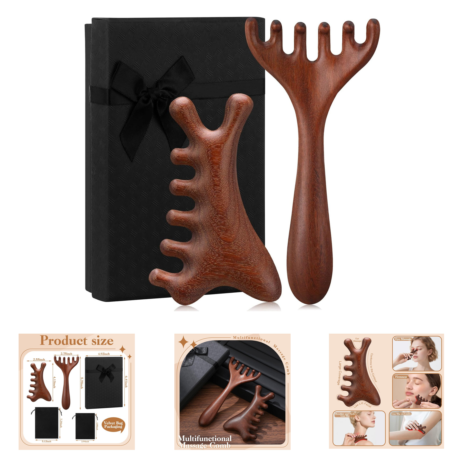 Wooden Scalp Massage Tool Set Including Head Massager Comb Gua Sha for