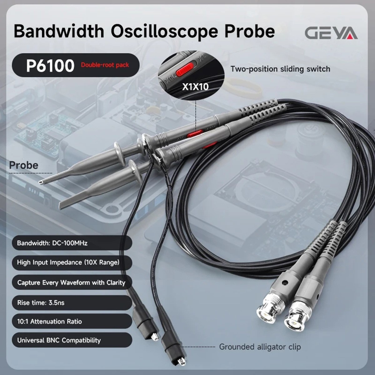 GEYA 2PCS BNC Oscilloscope Probe Kit High Precision Alligator Clips & Test Leads