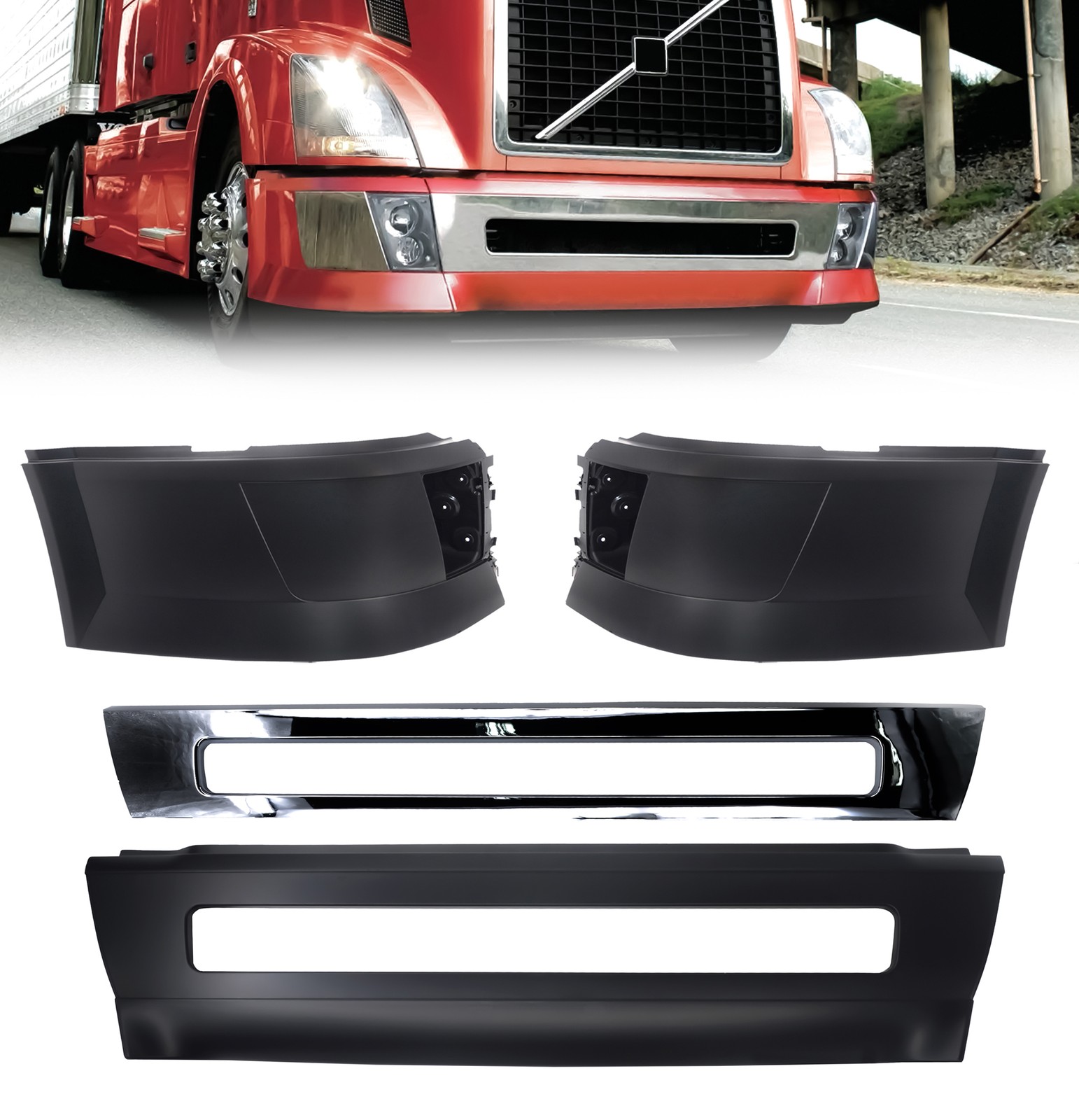 Bumper Set Pair Left Right Center with Fog Light Hole for Volvo VNL 2004 - 2015