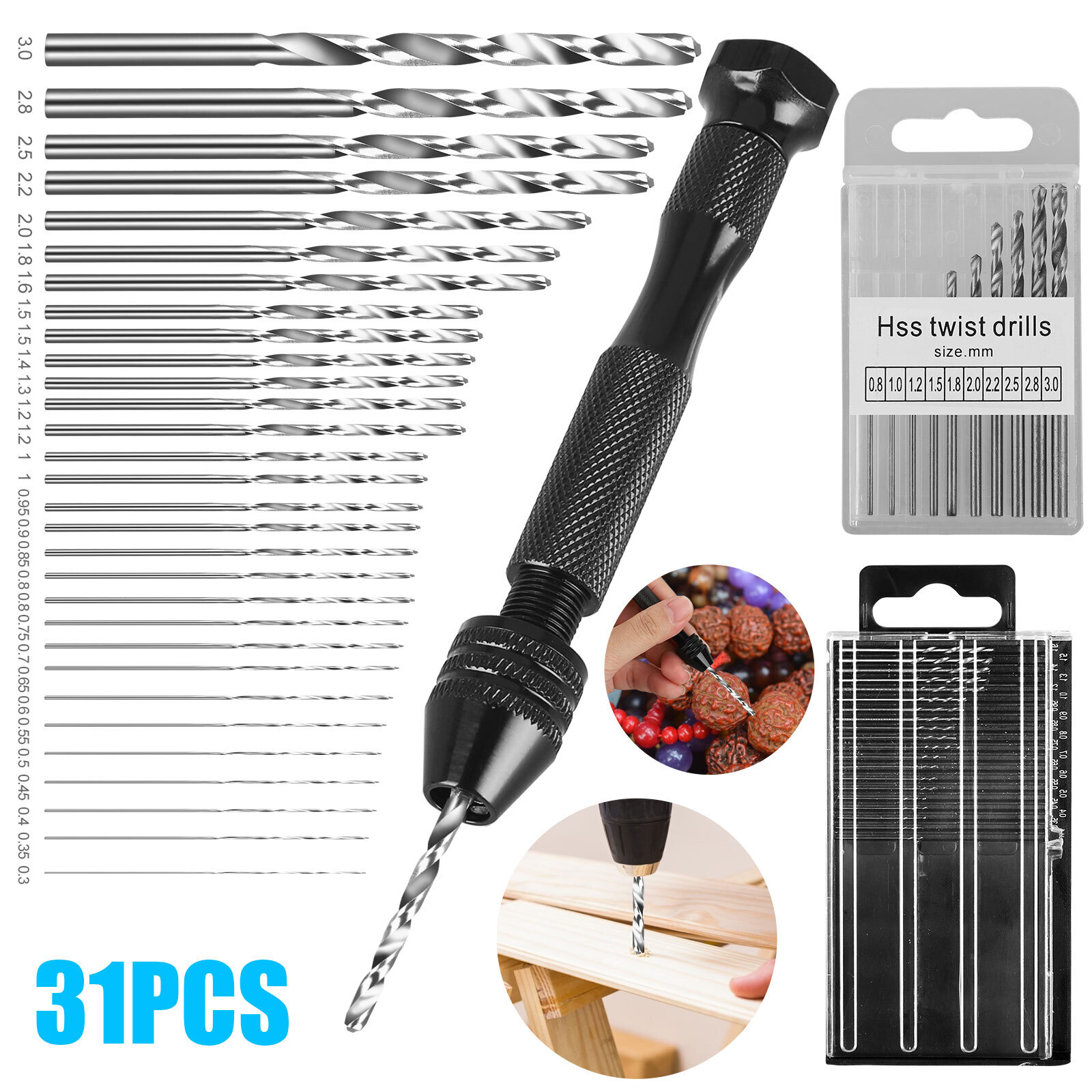 31PC Micro Pin Vise Set Precision Drill Bits DIY