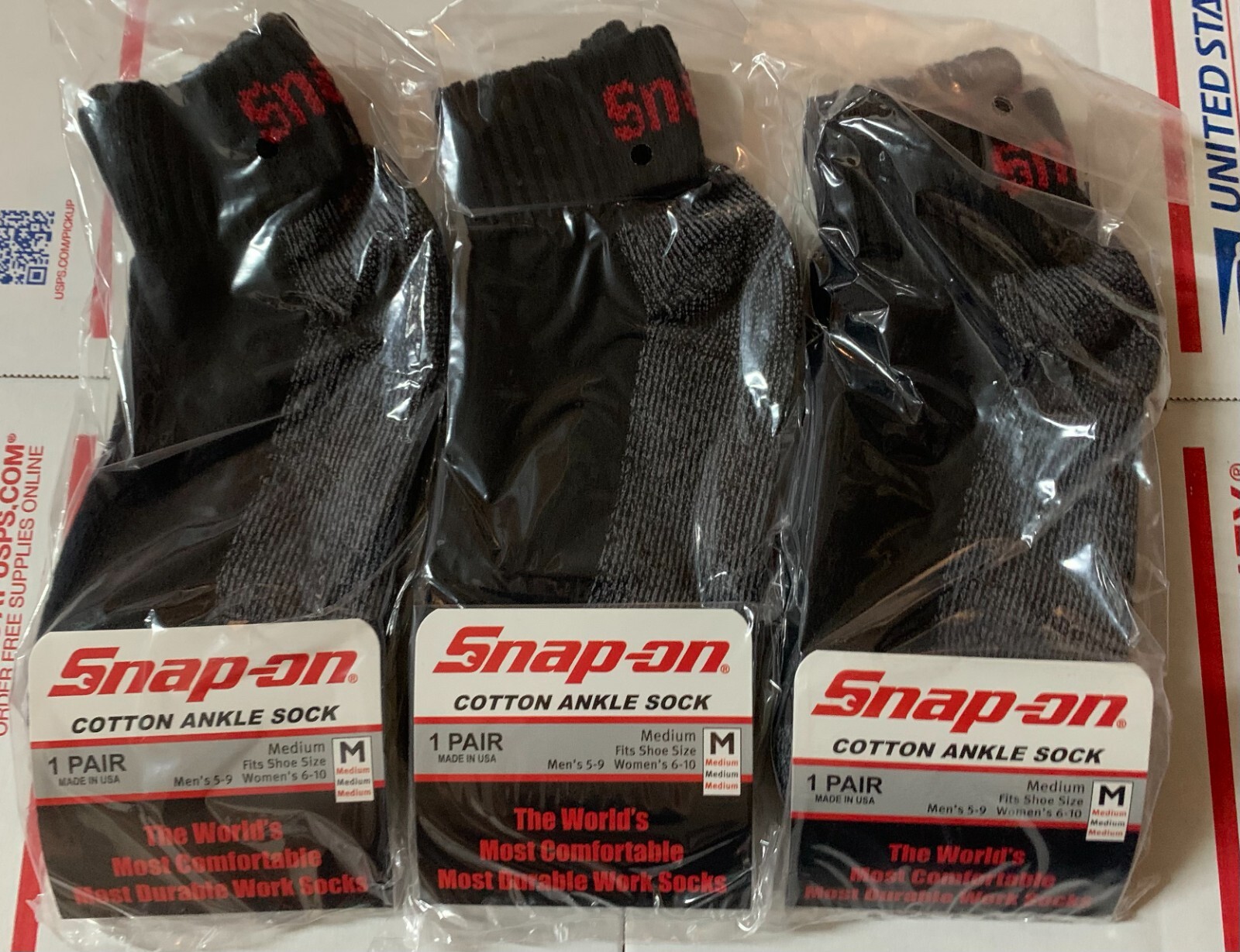 NEW 3 Pairs Mens Black Snap On Tools MEDIUM ANKLE Socks FREE Shipping MADE USA