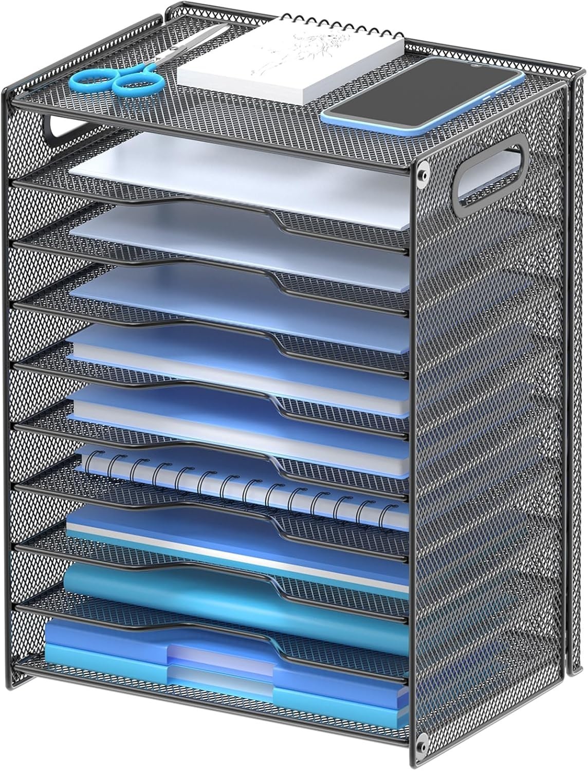 10 Tier Paper Organizer - Letter Tray Mesh Desk File Organizer with Handles for.