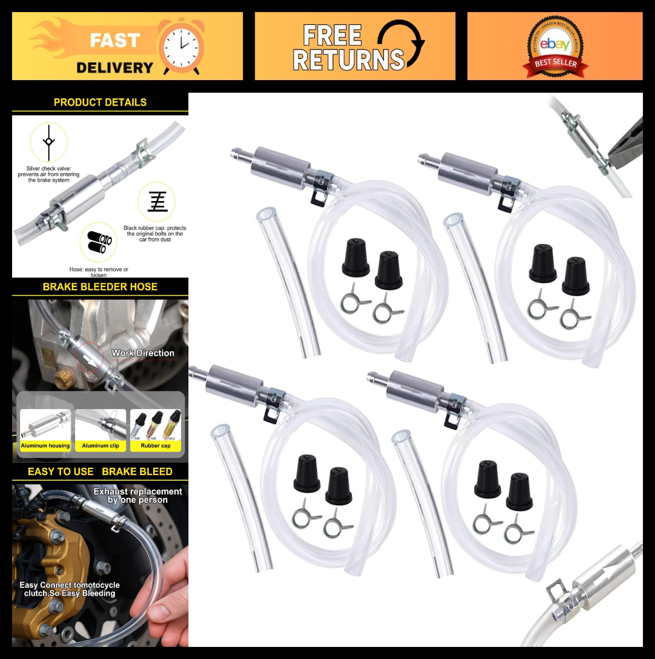 4 PCS Universal Brake Fluid Bleeder Kit, One-Way Check Valve, Hose & Clamp Tools