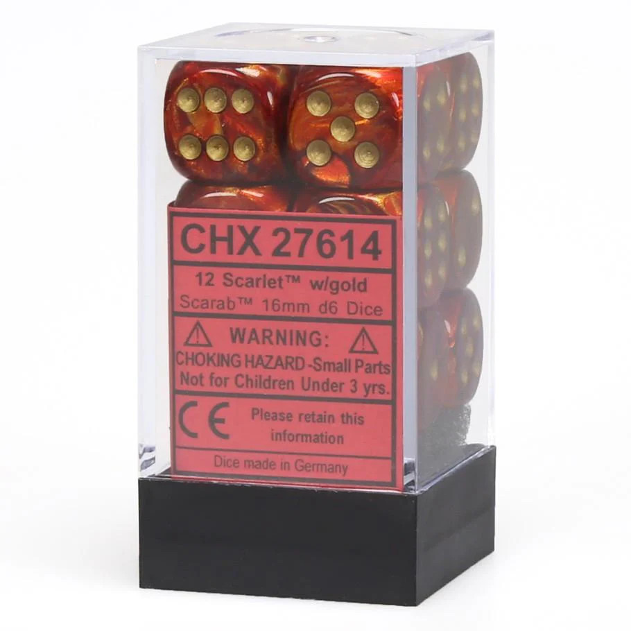 Chessex Scarab™ Scarlet™ with Gold Numbers 16 mm Dice Block (12 dice)