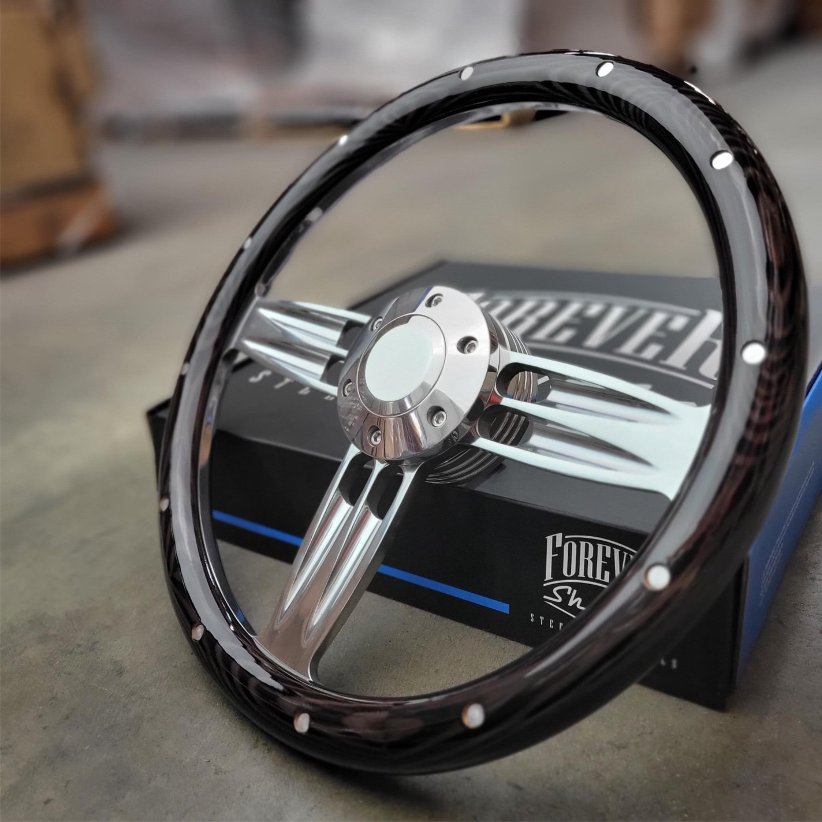 14" Inch Billet Steering Wheel Dark Pine Wood Rivet Half Wrap Horn - 6 Hole