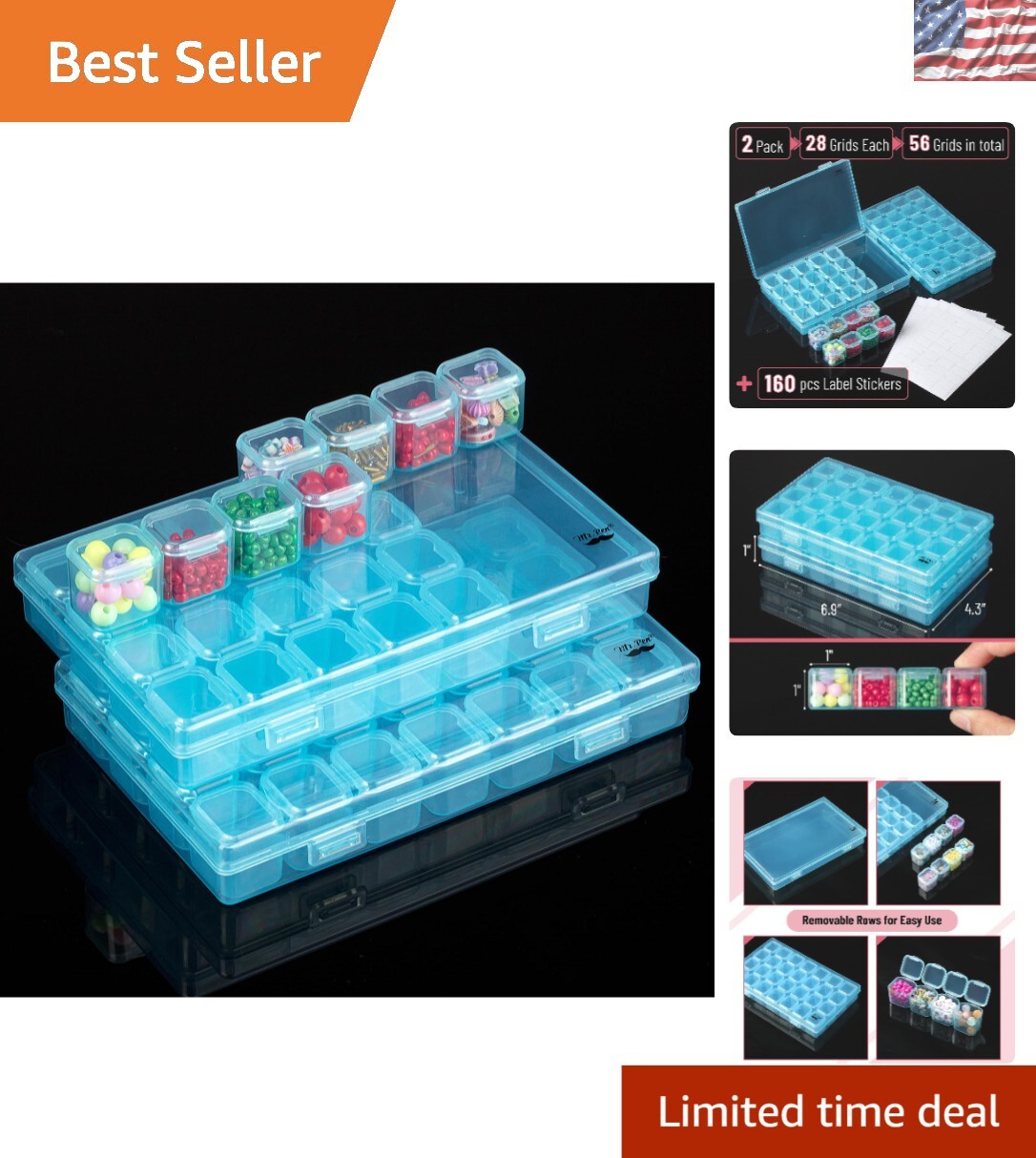 Organize Your Crafts: 2 Transparent Blue Bead Storage Boxes with 28 Grids