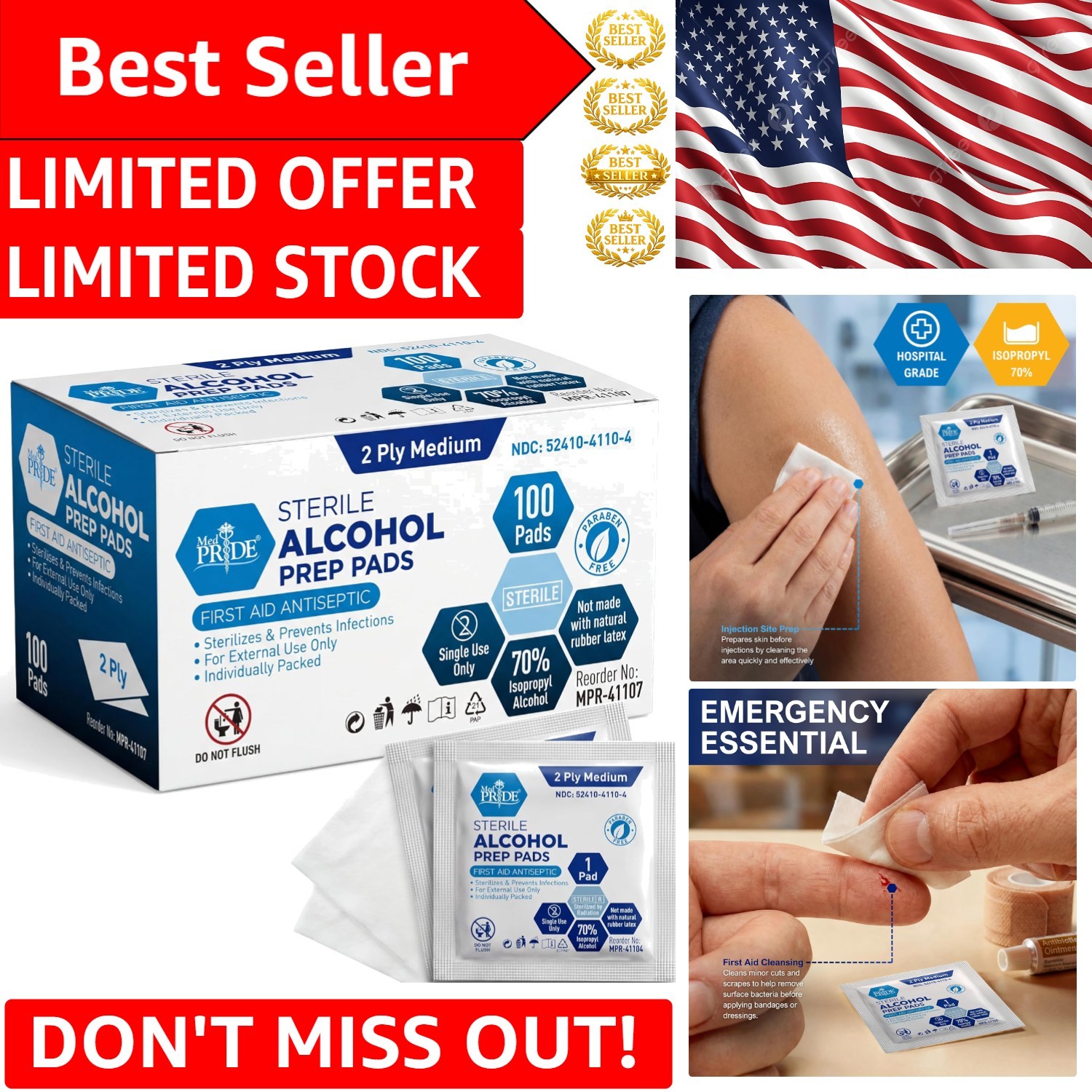 100 Count Antiseptic Alcohol Prep Pads, Sterile & Medical-Grade for First Aid