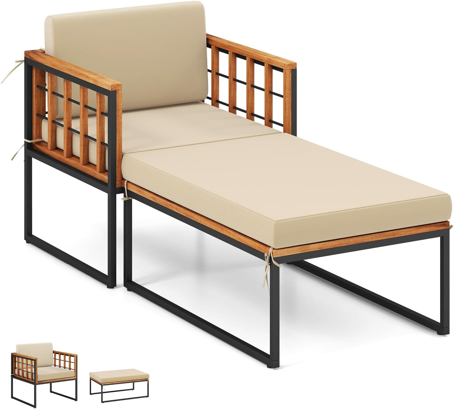 Outdoor Chaise Lounge Chair, Acacia Wood Heavy Duty 1200 Lbs Weight Capacity Woo