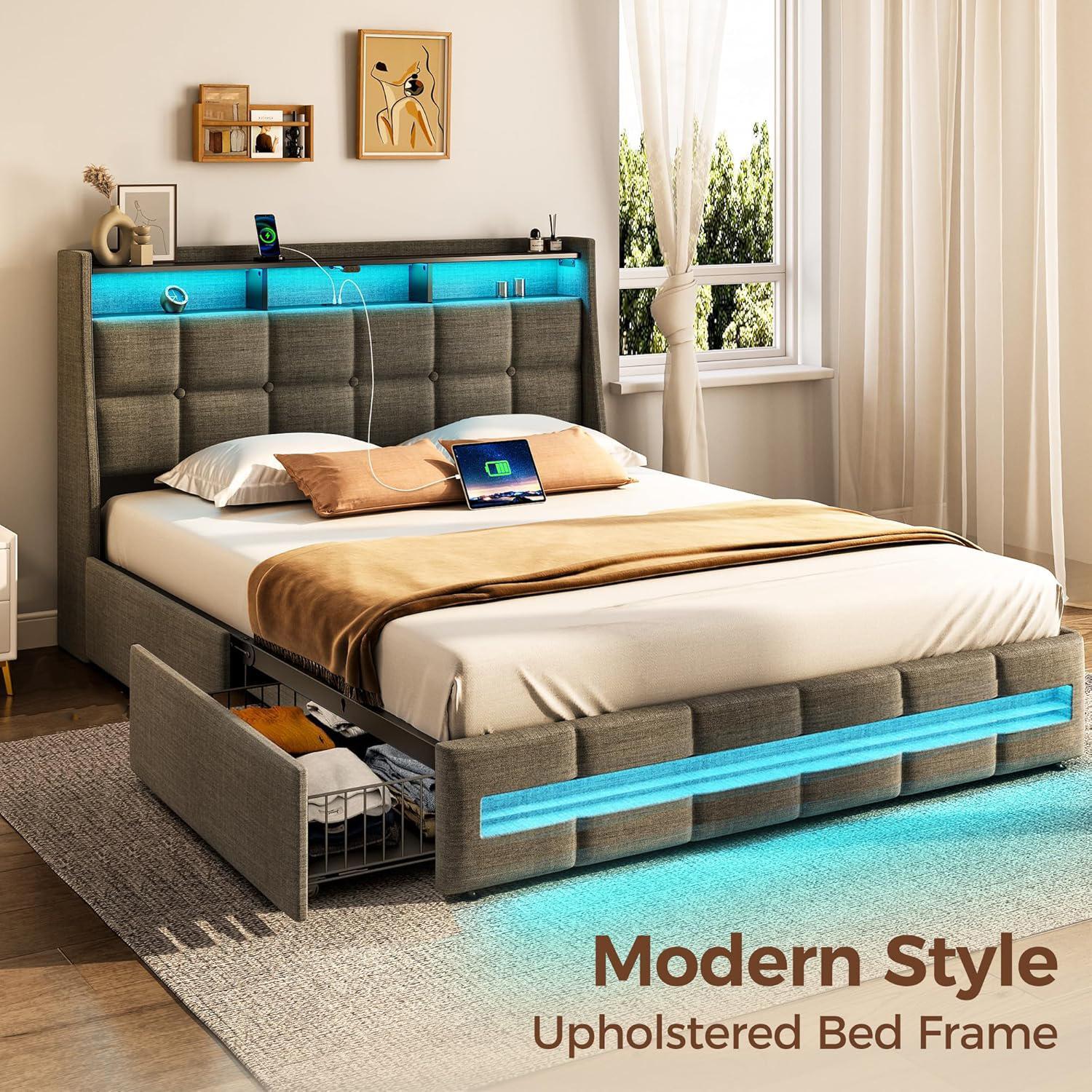 Bed Frame with Upholstered Headboard ＆ 4 Drawers ＆ LED Lights ＆ Charging Station