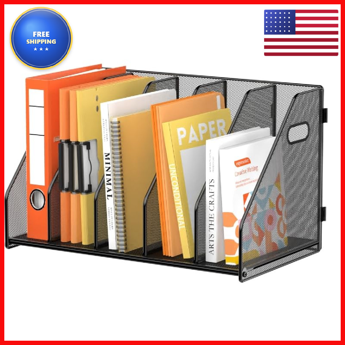 Supeasy Magazine File Holder 5 Vertical Compartments Rack Metal Desk File