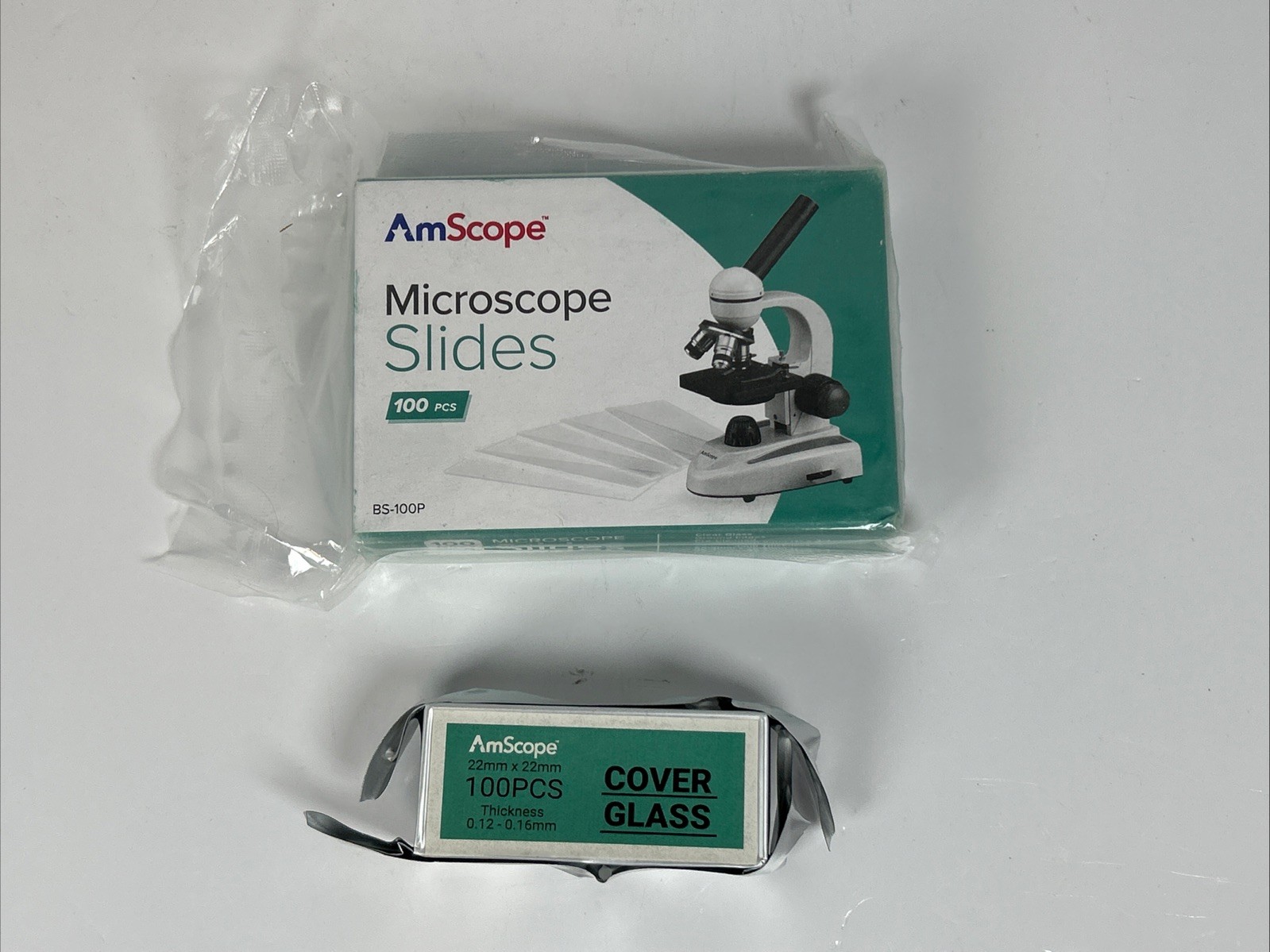 AmScope Microscope Slides 100 PCs Glass, Ground Edges + 100 22x22mm Cover Glass