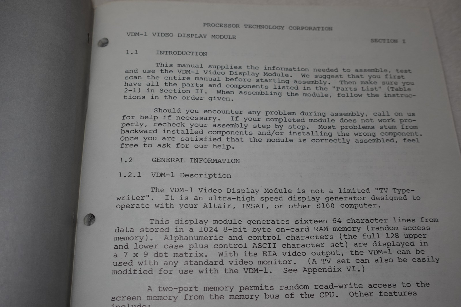 VDM-1 Video Display Module Assembly Test Instructions 1977 Processor Technology