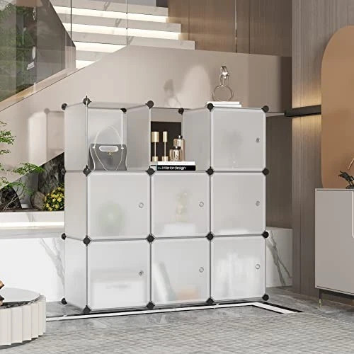 Cube Storage Organizer with Doors Shelves, Closet 6-Cube Transparent White