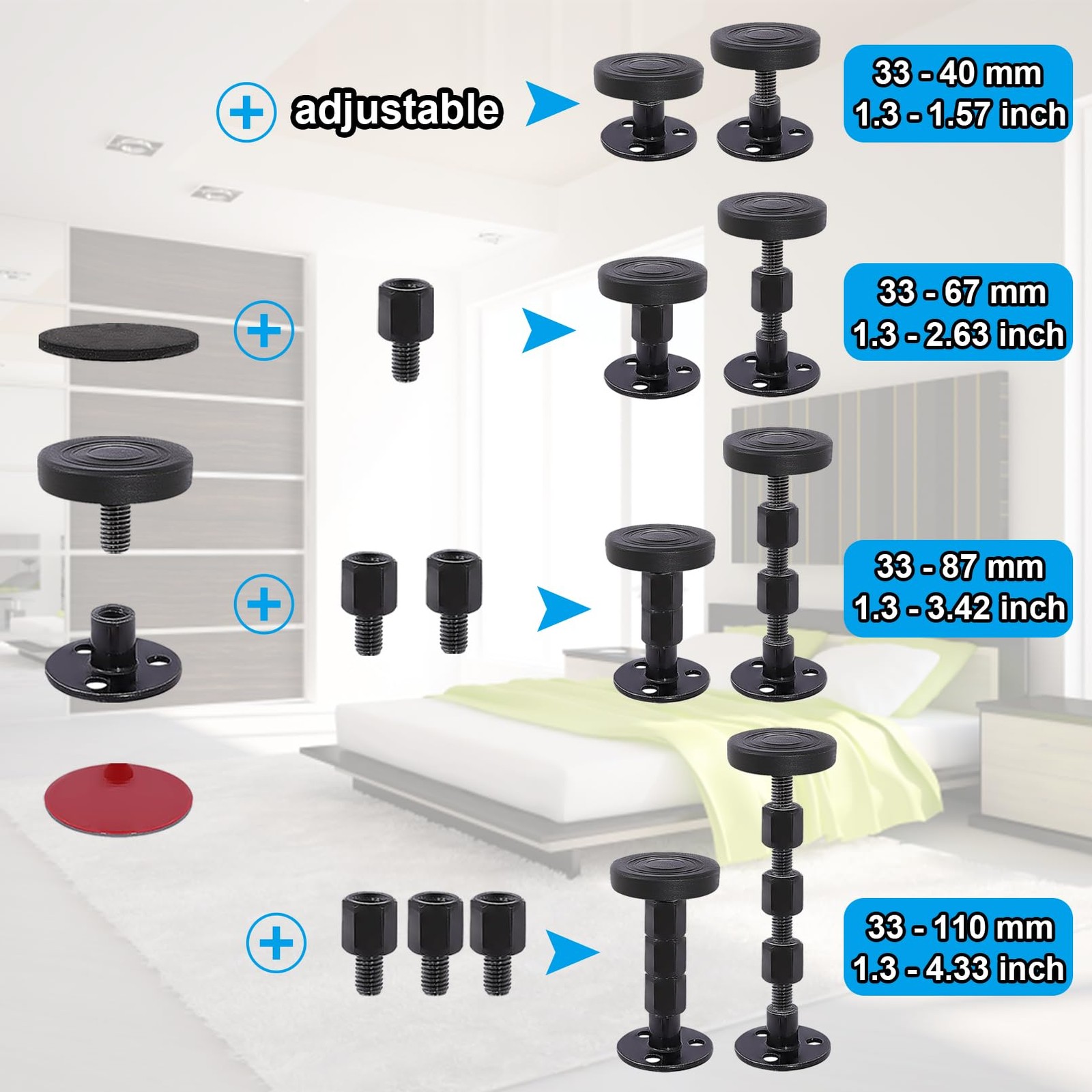 4PCS Bed Frame Anti-Shake Tool,Black Adjustable Threaded Headboard Stoppers,P...