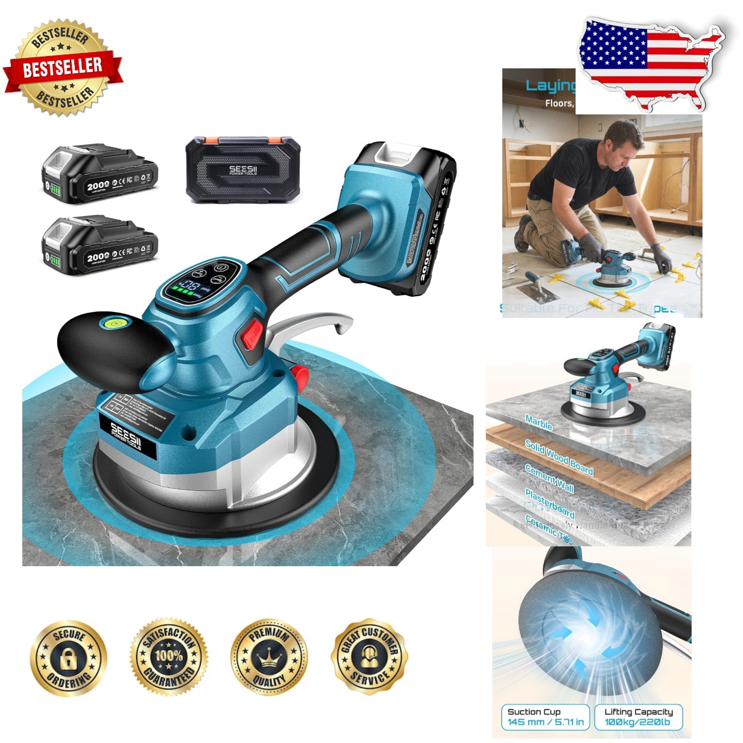 Tile Vibrator Tool 145mm 10-Hr Dual Battery, 10-Speed Leveling Machine for DIY