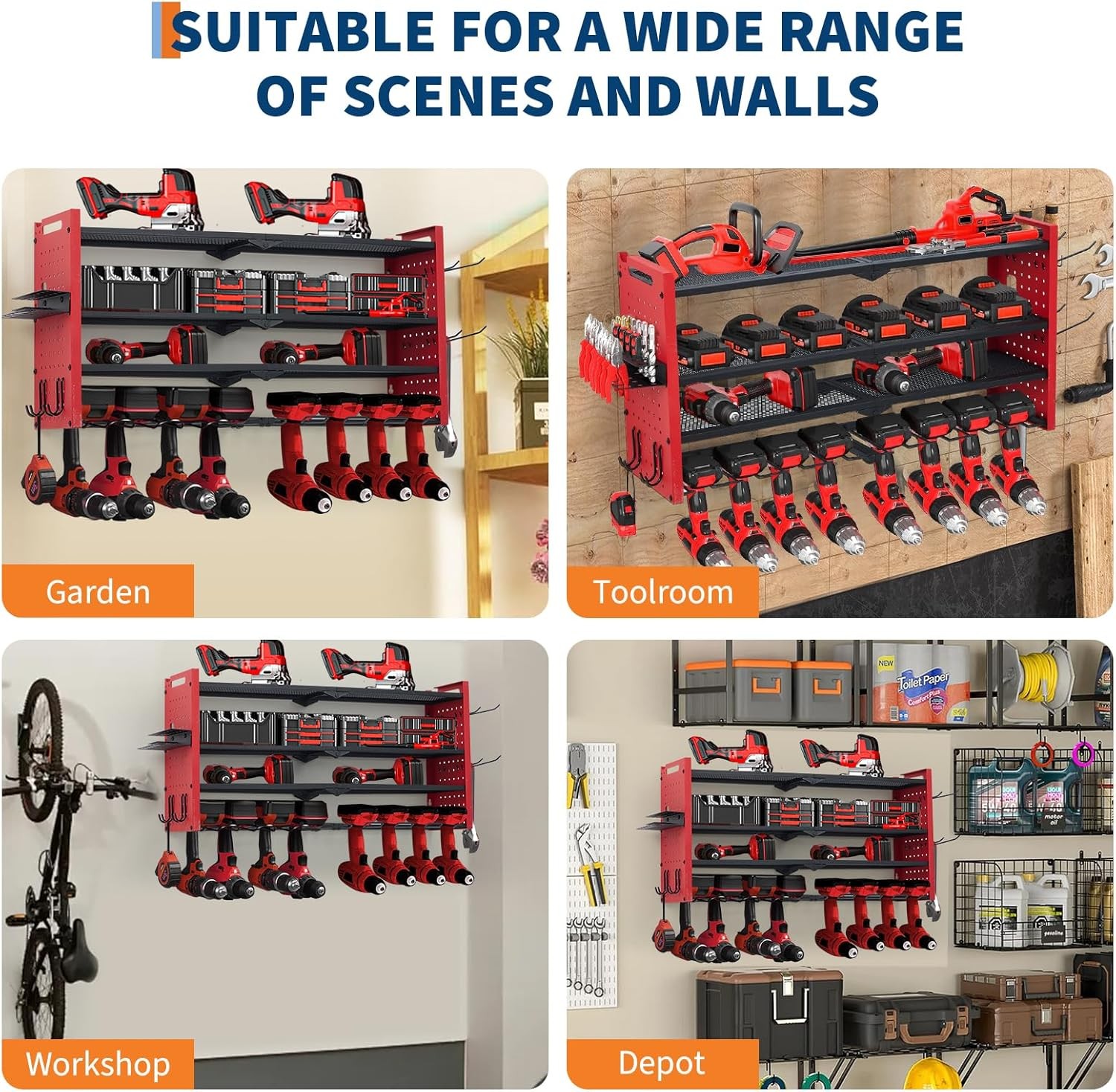 Power Tool Organizer Wall Mounted 4-Layer Drill Storage Rack w/ 8 Drill Holders