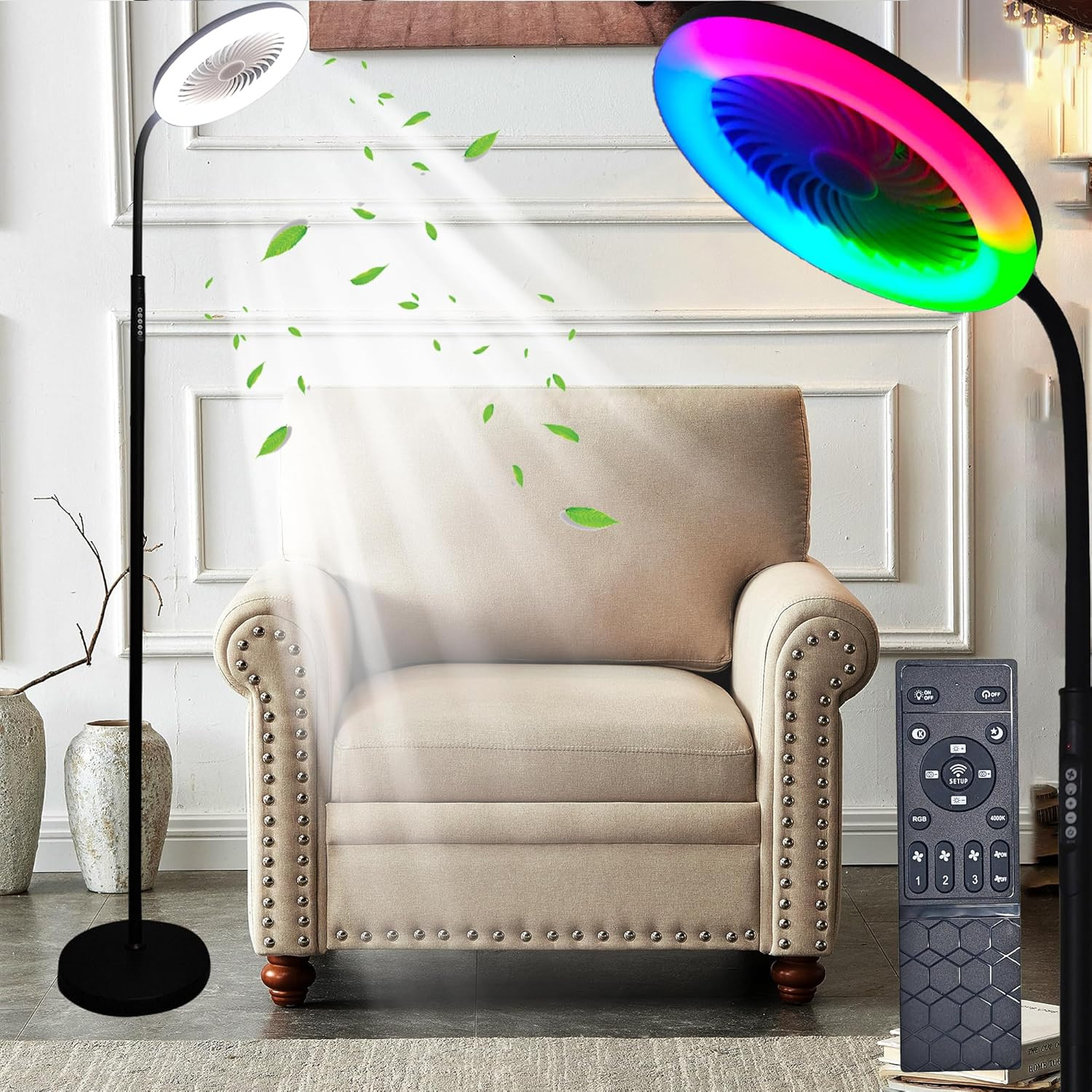 Remote RGB Floor Fan with 3 Speeds, Dimmable Light & Adjustable Height