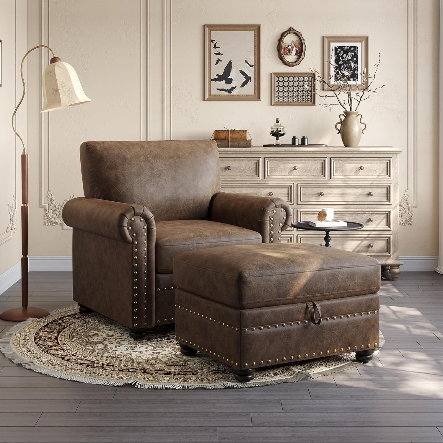 Faux Leather Ottoman with Storage, Rectangle Ottoman Coffee Table with Nailhead