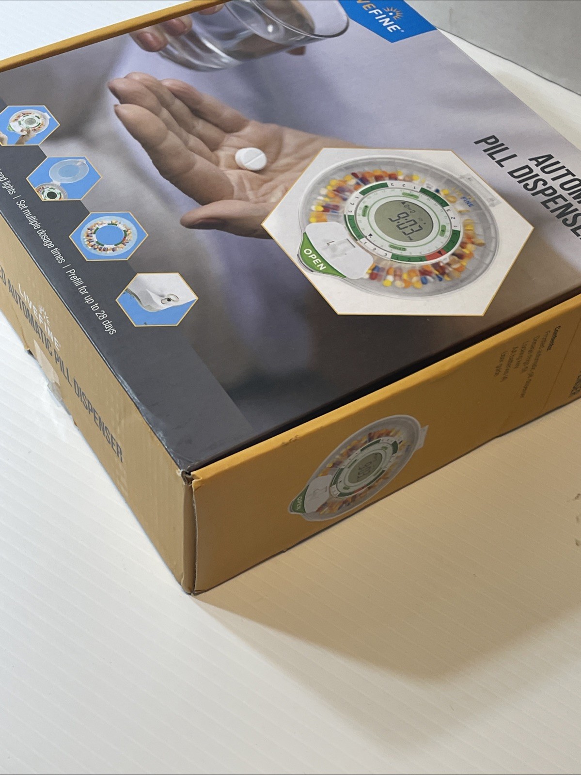 LiveFine Automatic Pill Dispenser with Key Lid Lock Alarm Large Display Open Box