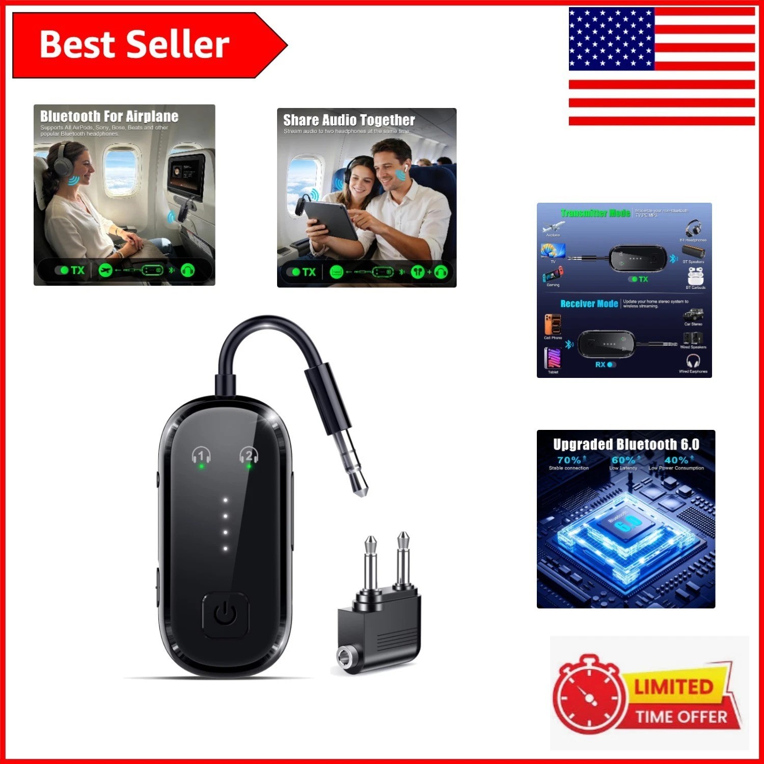 Compact USB-C Bluetooth 6.0 Adapter for TV, Plane & Car - Dual Device Connection