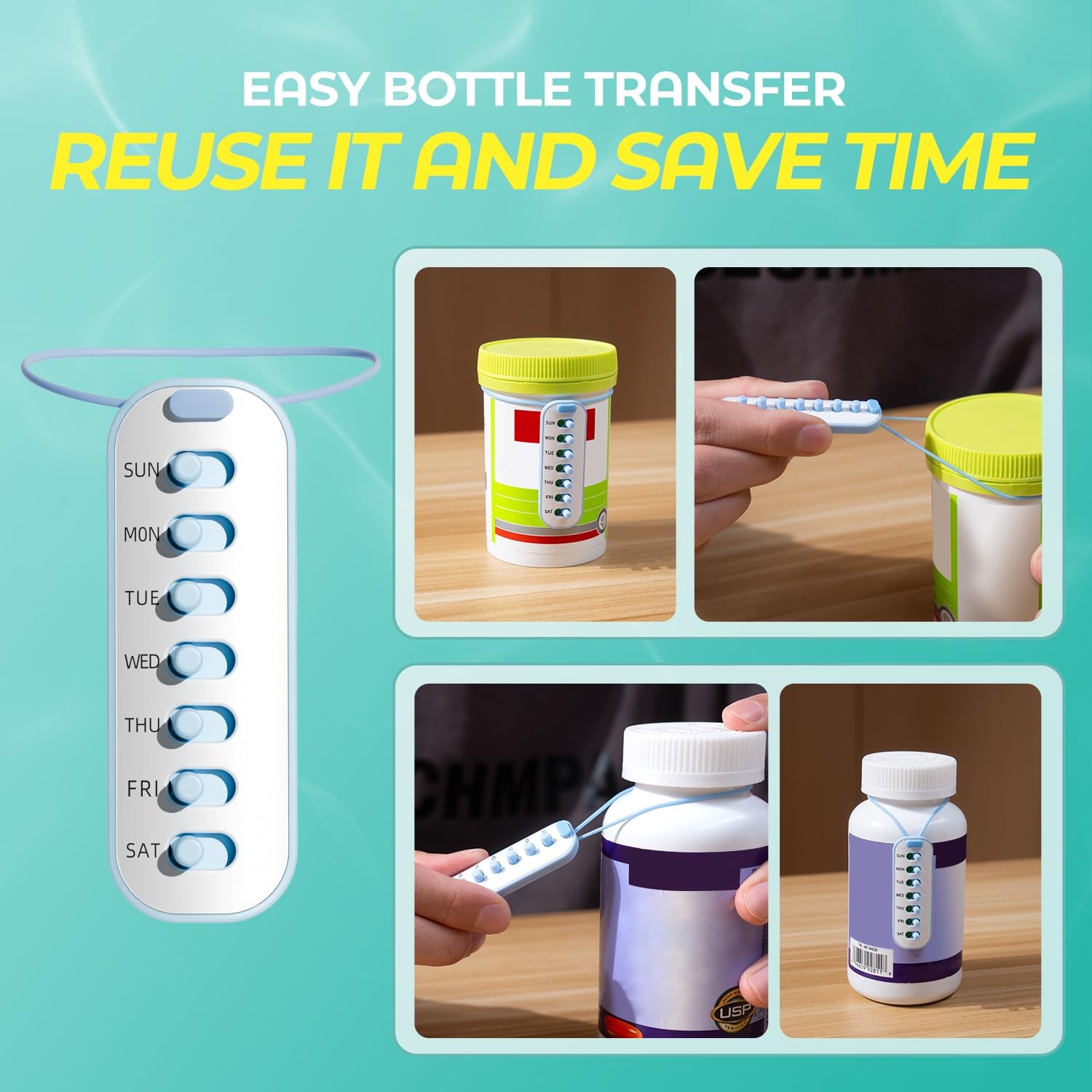 4 Pack Pill Reminder, Lanyad or Sticker Pill Tracker, Work with Most Bottles,