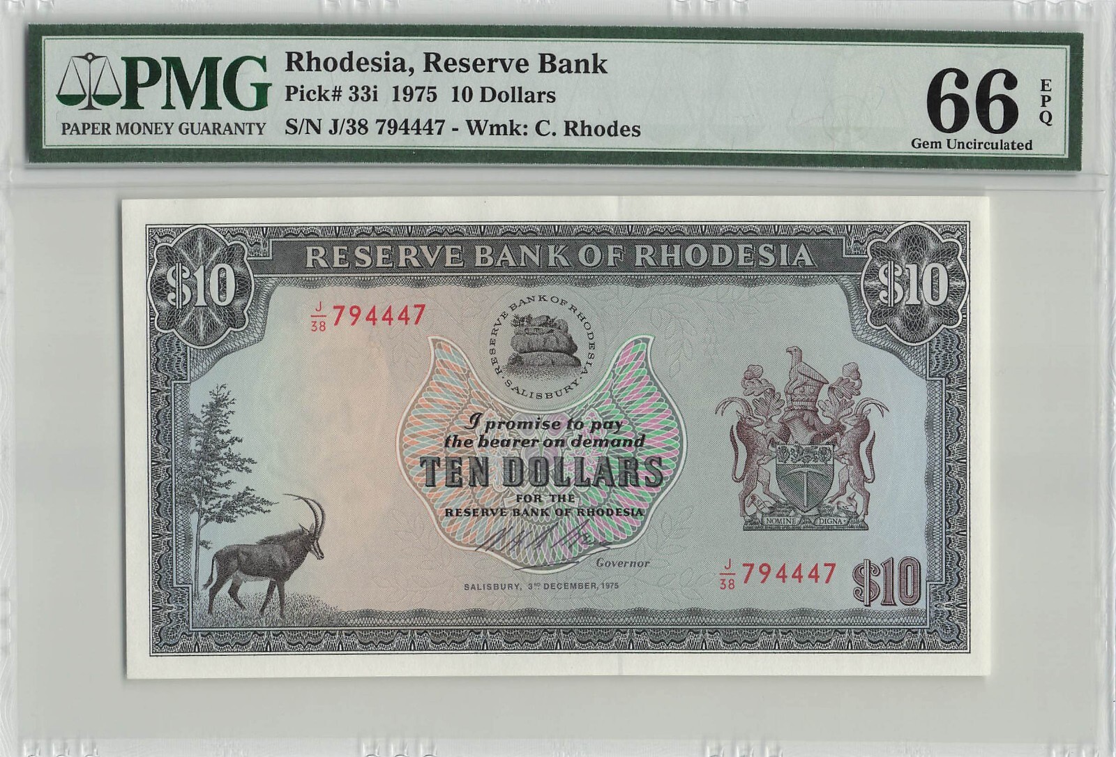 Rhodesia, Reserve Bank P33i PMG Graded 66 Gem Uncirculated, Banknote.