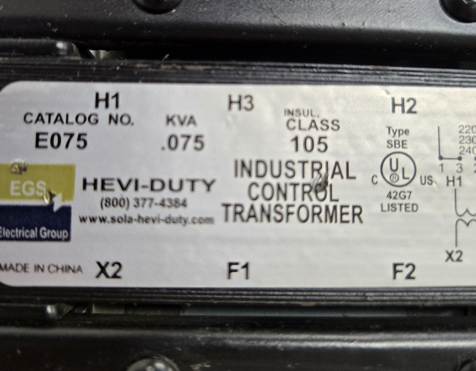 EGS INDUSTRIAL CONTROL TRANSFORMER E075. EXCELLENT!