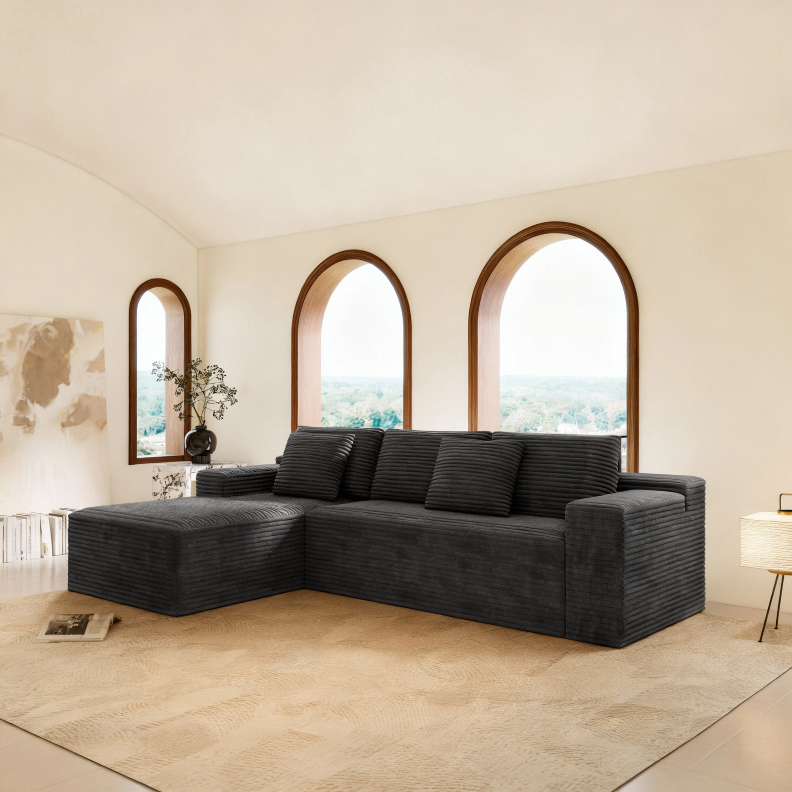Modular Sectional Sofa Plush Corduroy Fabric Grey No Assembly Required