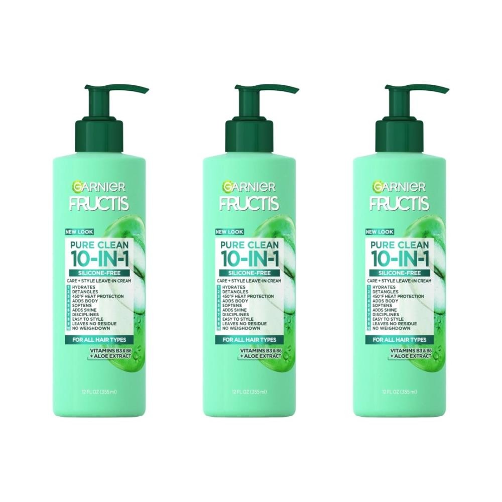 3-Pack Garnier, Fructis Pure Clean 10-in-1 Care and Styling Leave In Cream 12 Oz