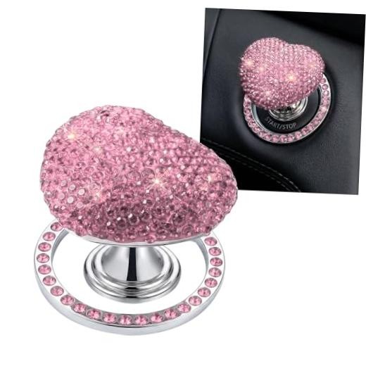 2PCS Bling Car Push Start Button Cover, Sparkly Rhinestone Car Engine Pink