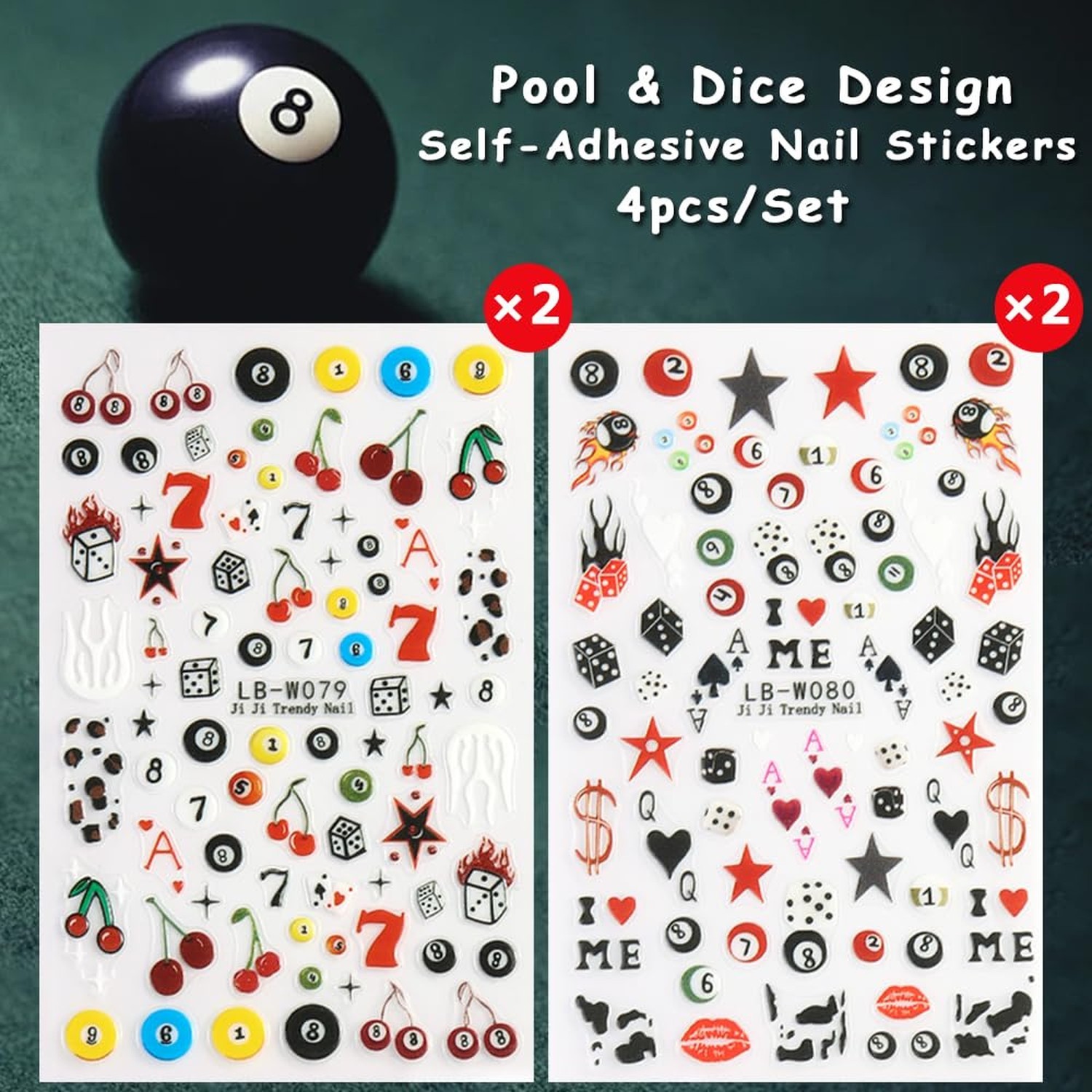 4 Sheets Pool & Dice Nail Art Stickers Decals, Cute Cartoon Style Dice Billia...