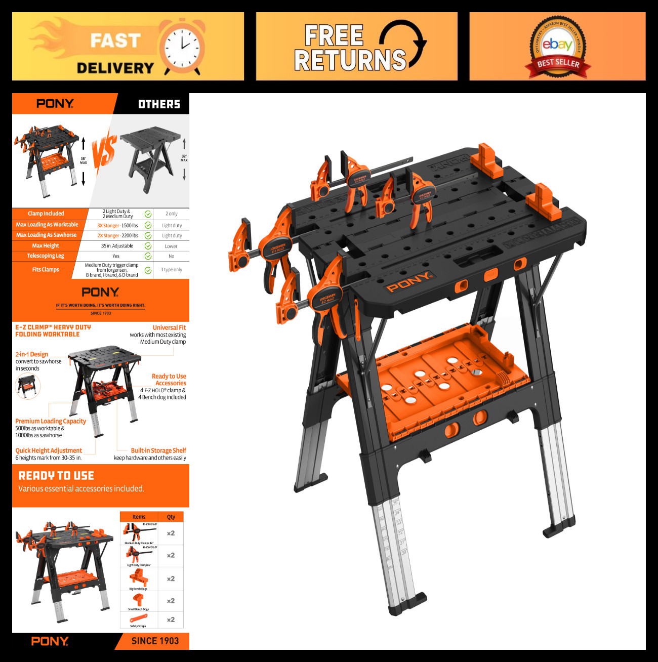 Portable Folding Work Table - 2-in-1 Sawhorse & Workbench, 31" W, 4 Clamps, Heav