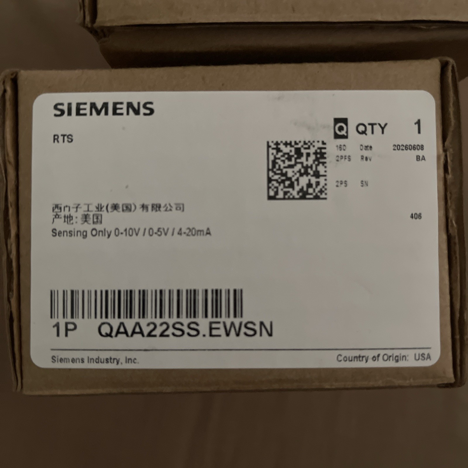 SIEMENS QAA22SS.EWSN ROOM TEMPERATURE SENSOR RTS  NEW  (white)