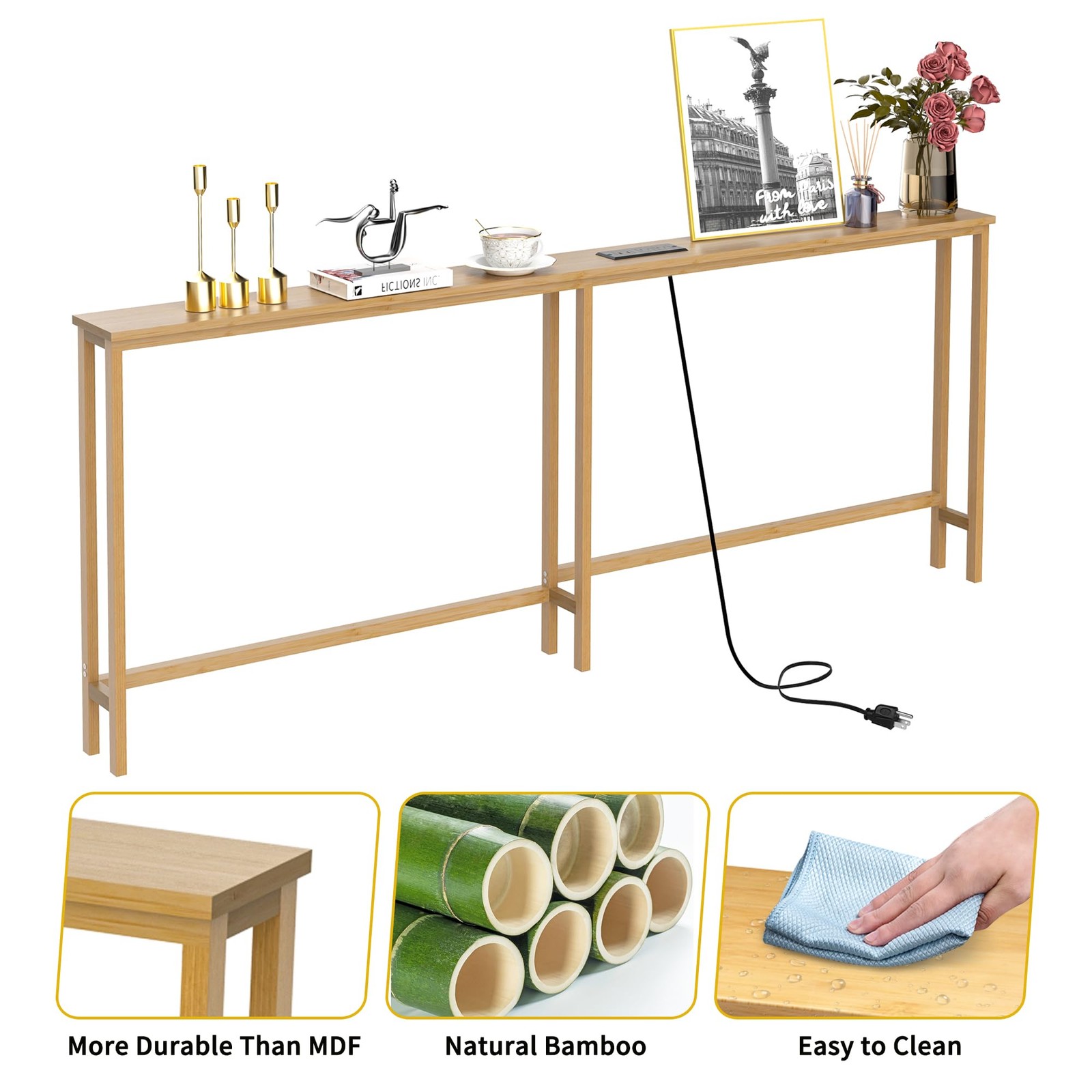 70.9 Inch Narrow Console Table with Outlet,Bamboo Behind Couch Sofa Table,Ski...